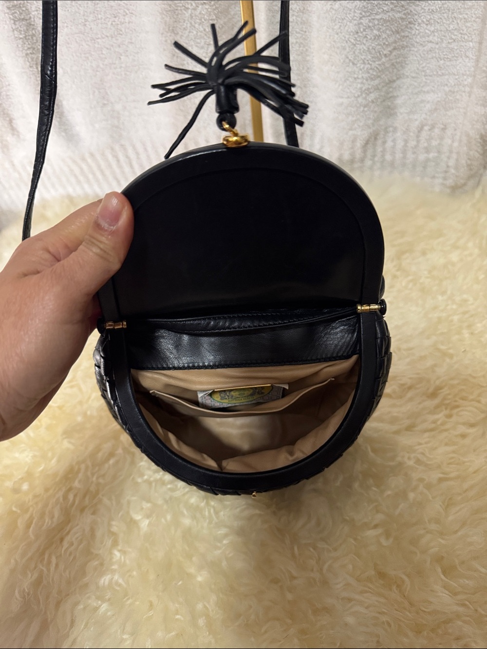 Bottega Veneta Black Woven Leather Crossbody with Tassel - Picture 3 of 10